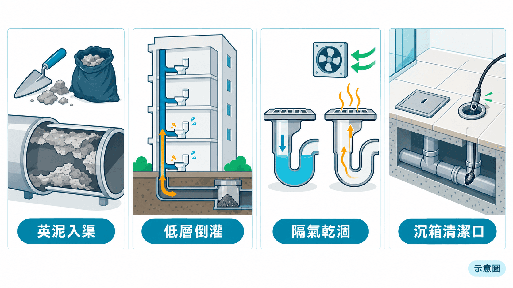 Illustration of four new-estate drainage issues: cement in drains, low-floor backflow, dry traps, sunken-slab access
