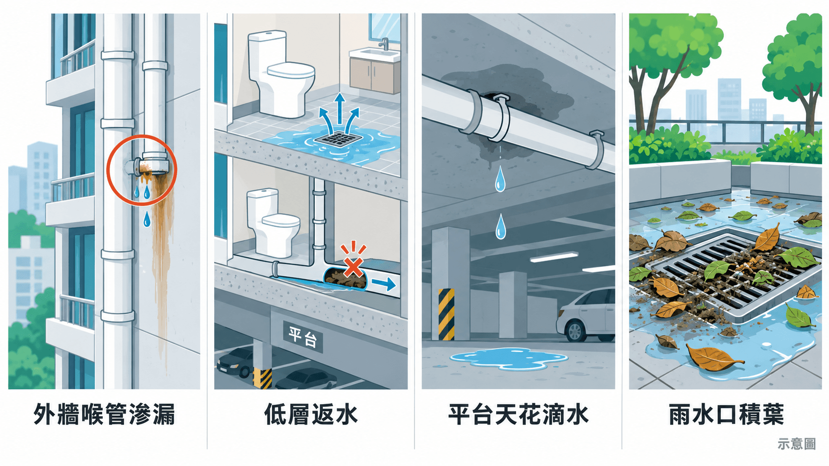 Illustration of four issues: leaking external pipes, low-floor backflow, podium drips and leaf-clogged outlets