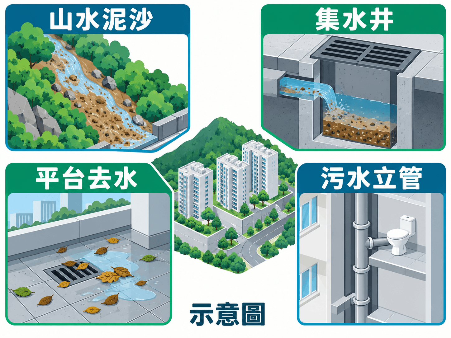 Illustration of a hillside high-rise estate's podium, soil stack and roadside catchpit