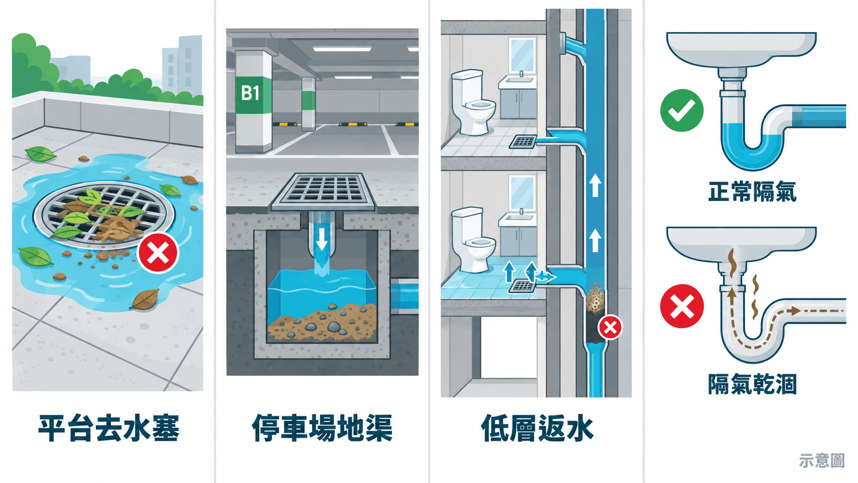 Illustration comparing four drainage issues: podium drains, car-park drains, low-floor backflow and dry traps