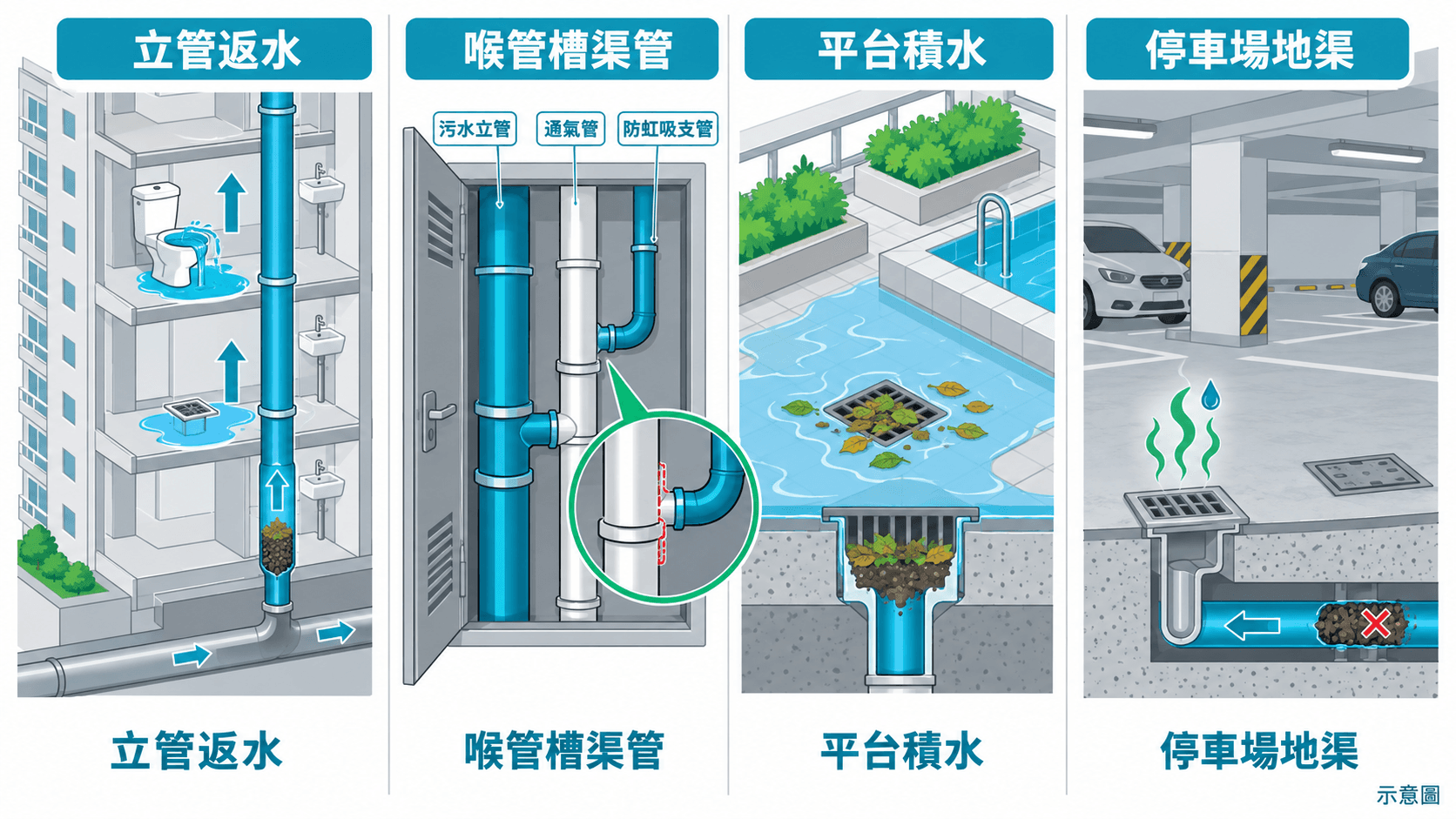 Illustration of four issues: stack back-ups, duct pipework, podium ponding and car-park gullies