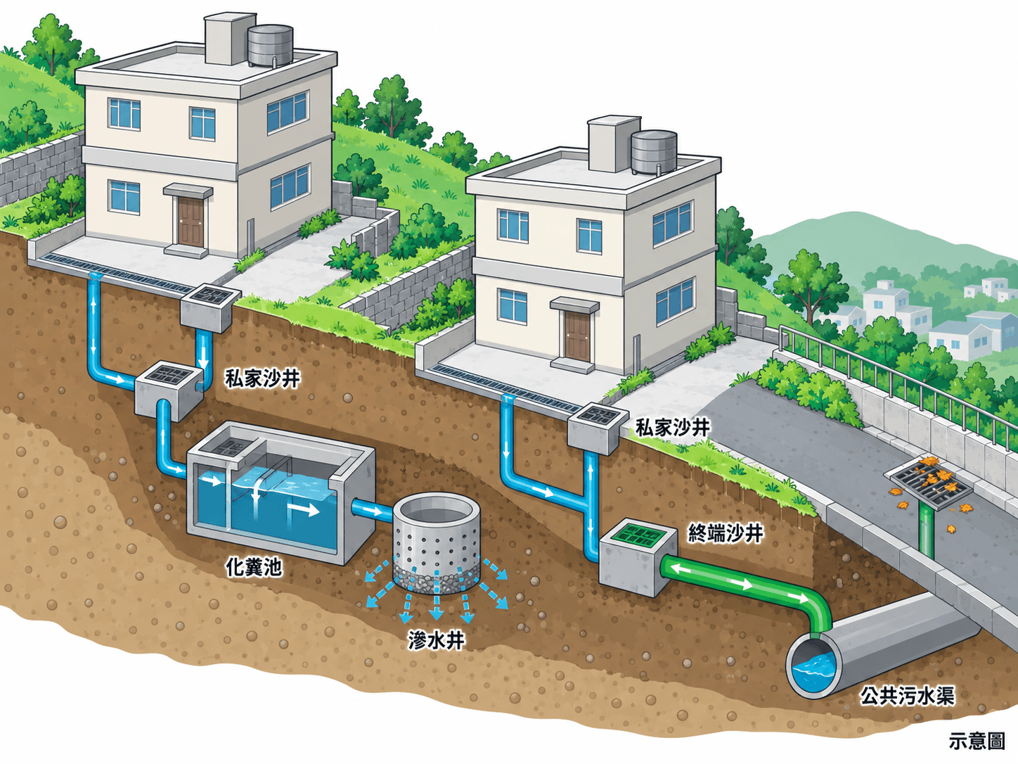 Cutaway illustration of a hillside village house switching from a septic tank to the public sewer