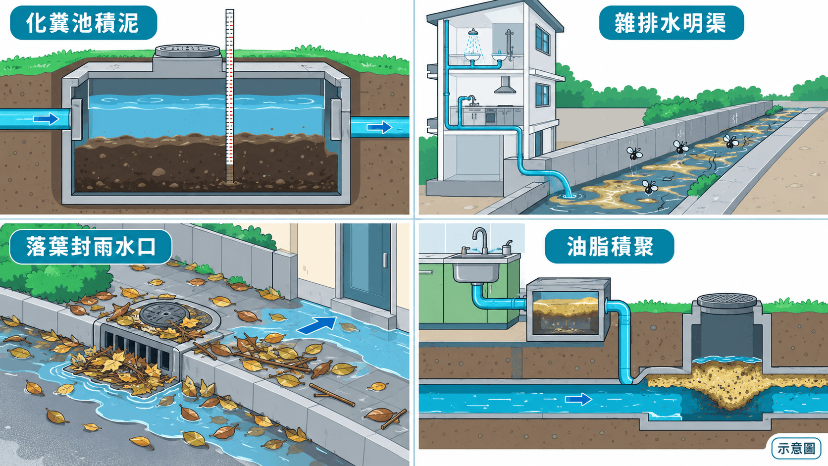 Illustration of common village-house drain problems: sludge, sullage, leaf-blocked gullies and grease