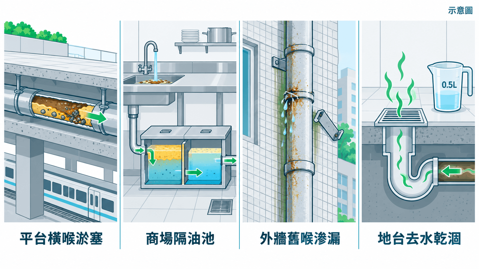 平台橫喉、商場油脂、外牆舊喉同地台去水乾涸四項問題示意圖