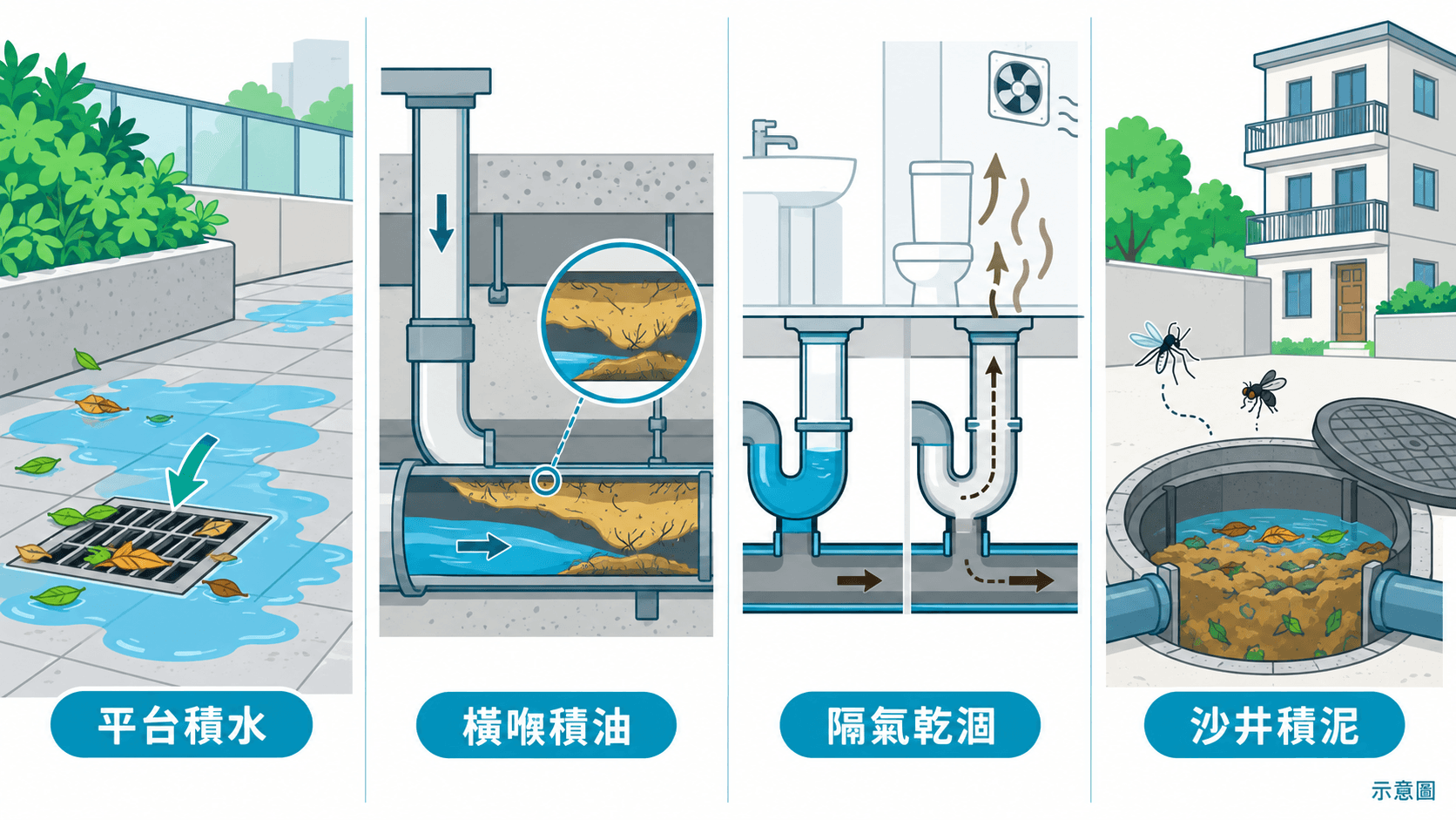 Illustration of podium ponding, collector pipes, floor-drain seals and standing outdoor water
