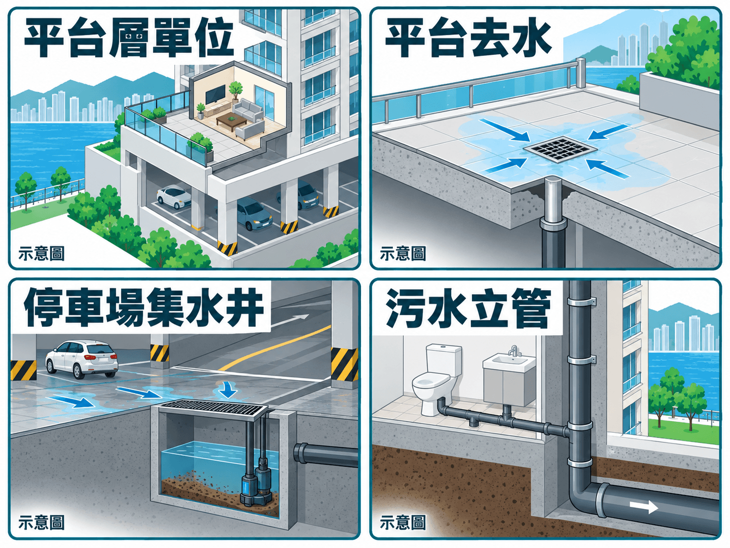 Illustration of a waterfront estate's podium, car park below and soil stack drainage route