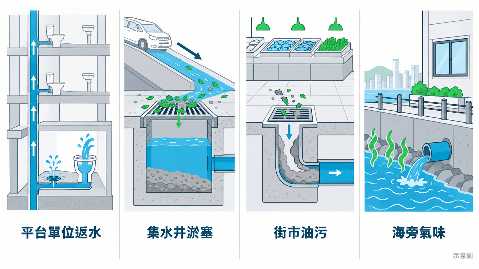 Illustration of four issues: podium-flat backflow, silted car-park catchpits, market grease and waterfront odour