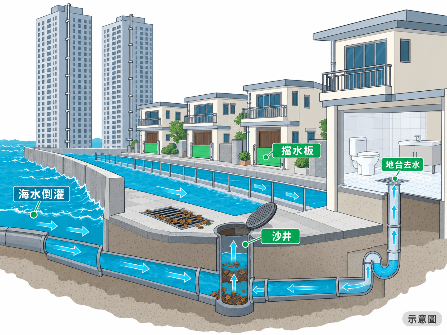 Cutaway illustration of Sham Tseng seafront blocks and nullah-side village houses with flood boards