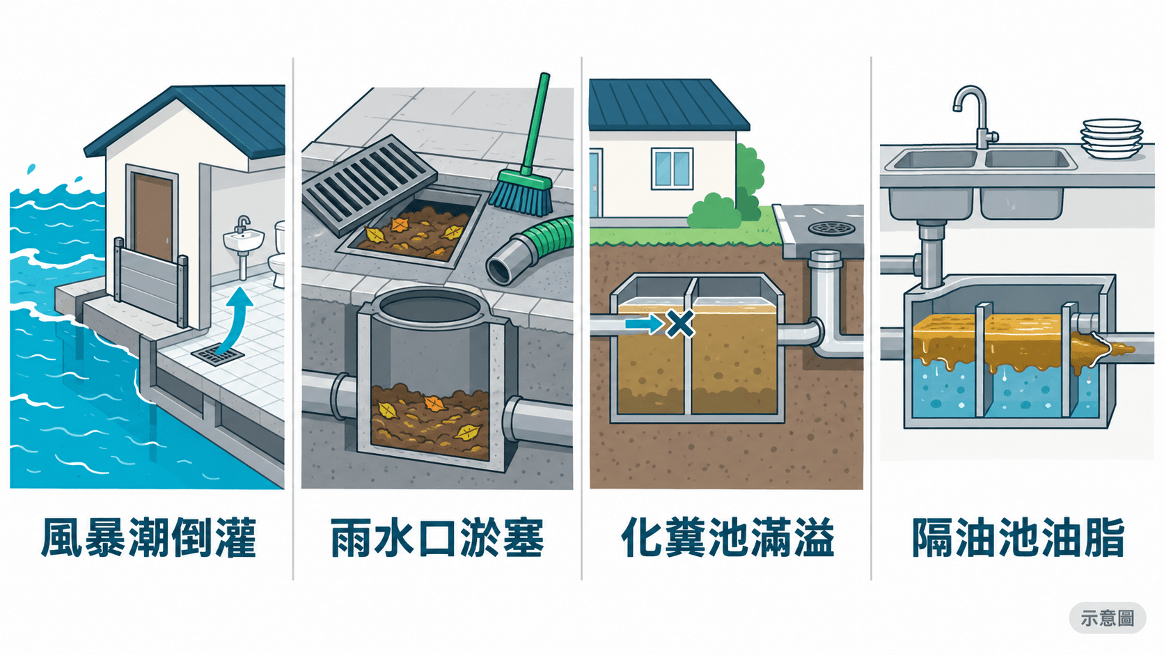 Infographic of common Sham Tseng drain problems: backflow, blocked gullies, septic tanks and grease traps