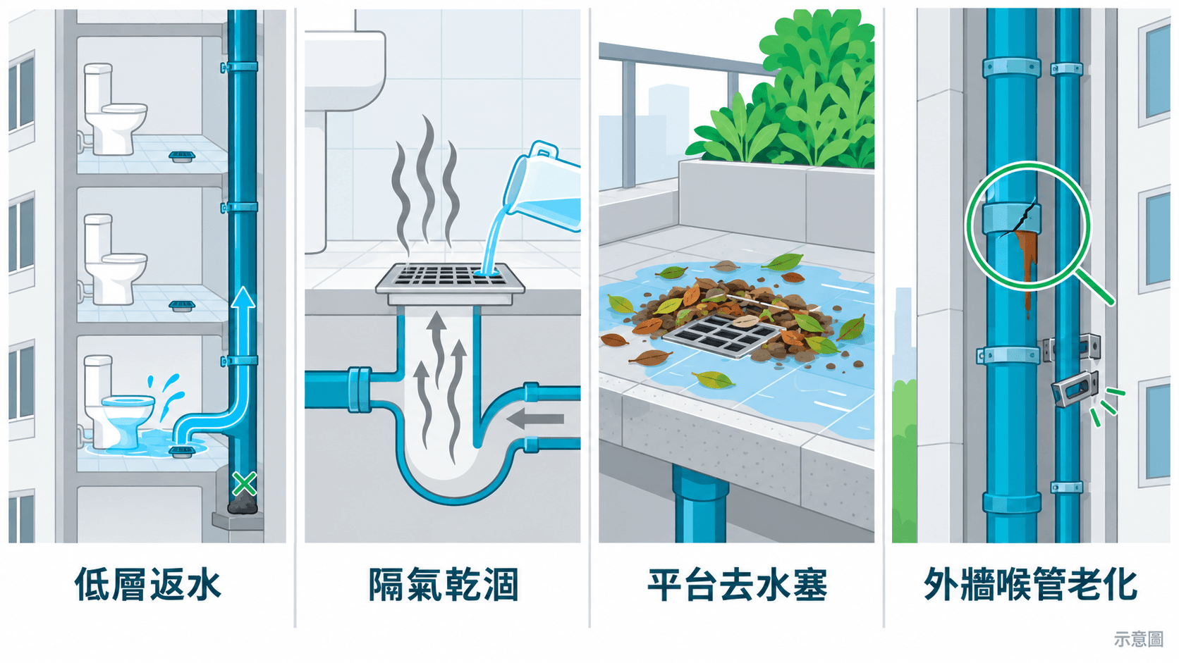 Illustration of four issues: low-floor backflow, dry traps, blocked podium drains and ageing external pipes