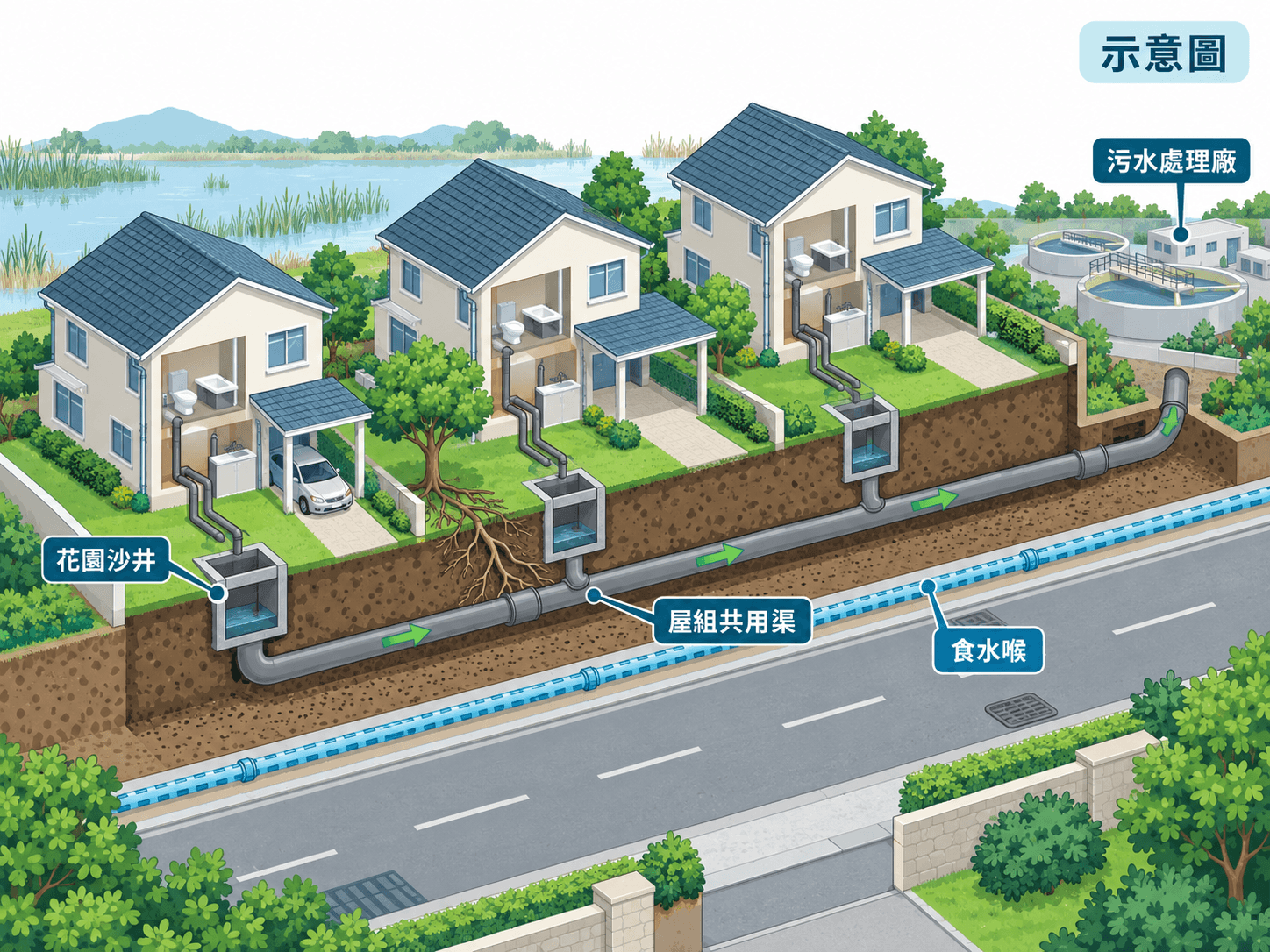 Illustration of low-rise garden houses draining through garden manholes into a shared underground drain