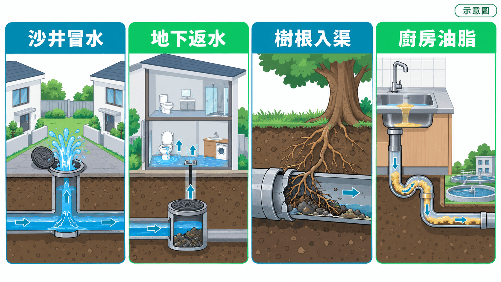 Infographic of four house drain issues: manhole overflow, ground-floor backflow, tree roots, kitchen grease