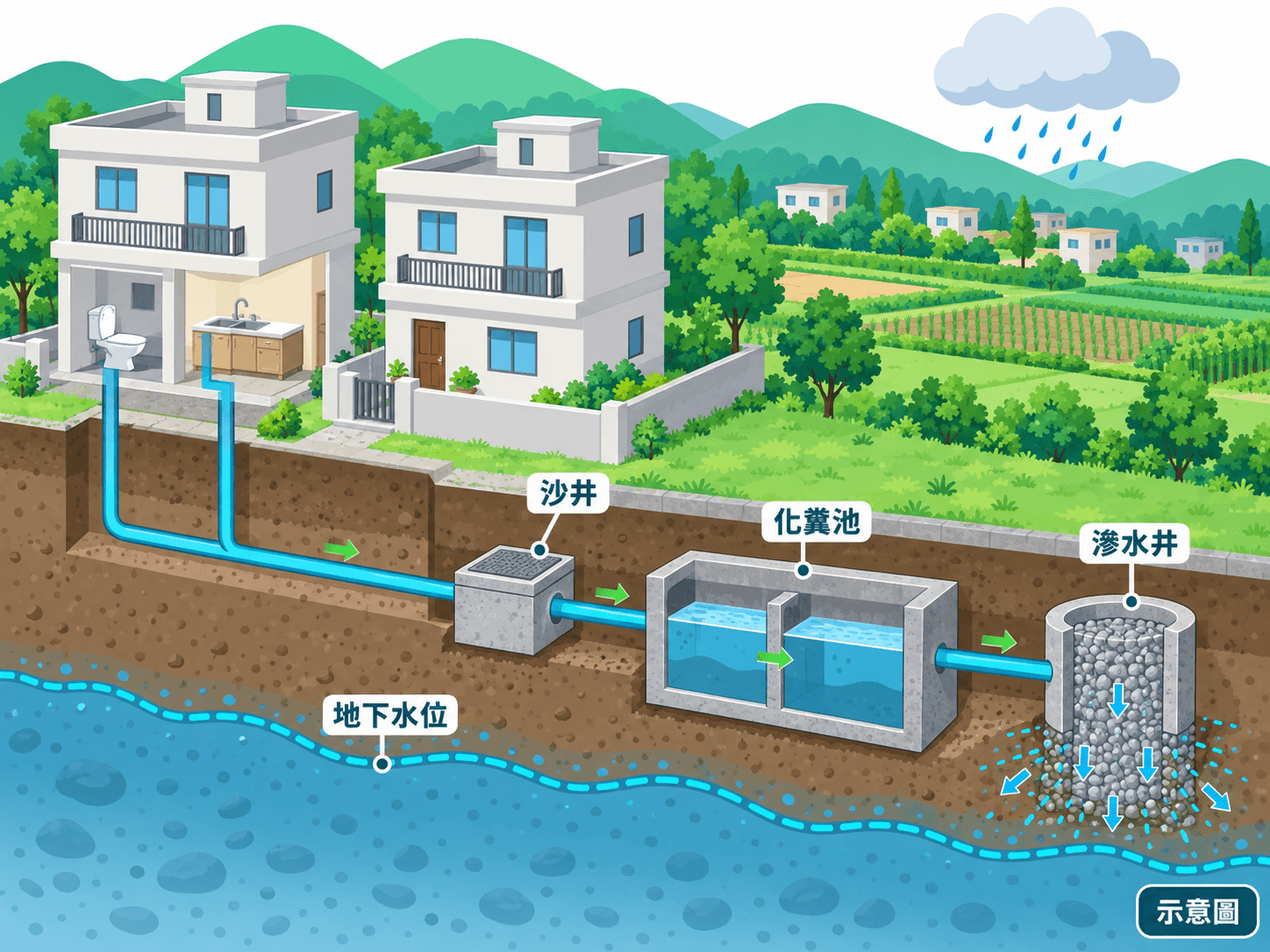 Cutaway illustration of a village house draining via a manhole to a septic tank and soakaway