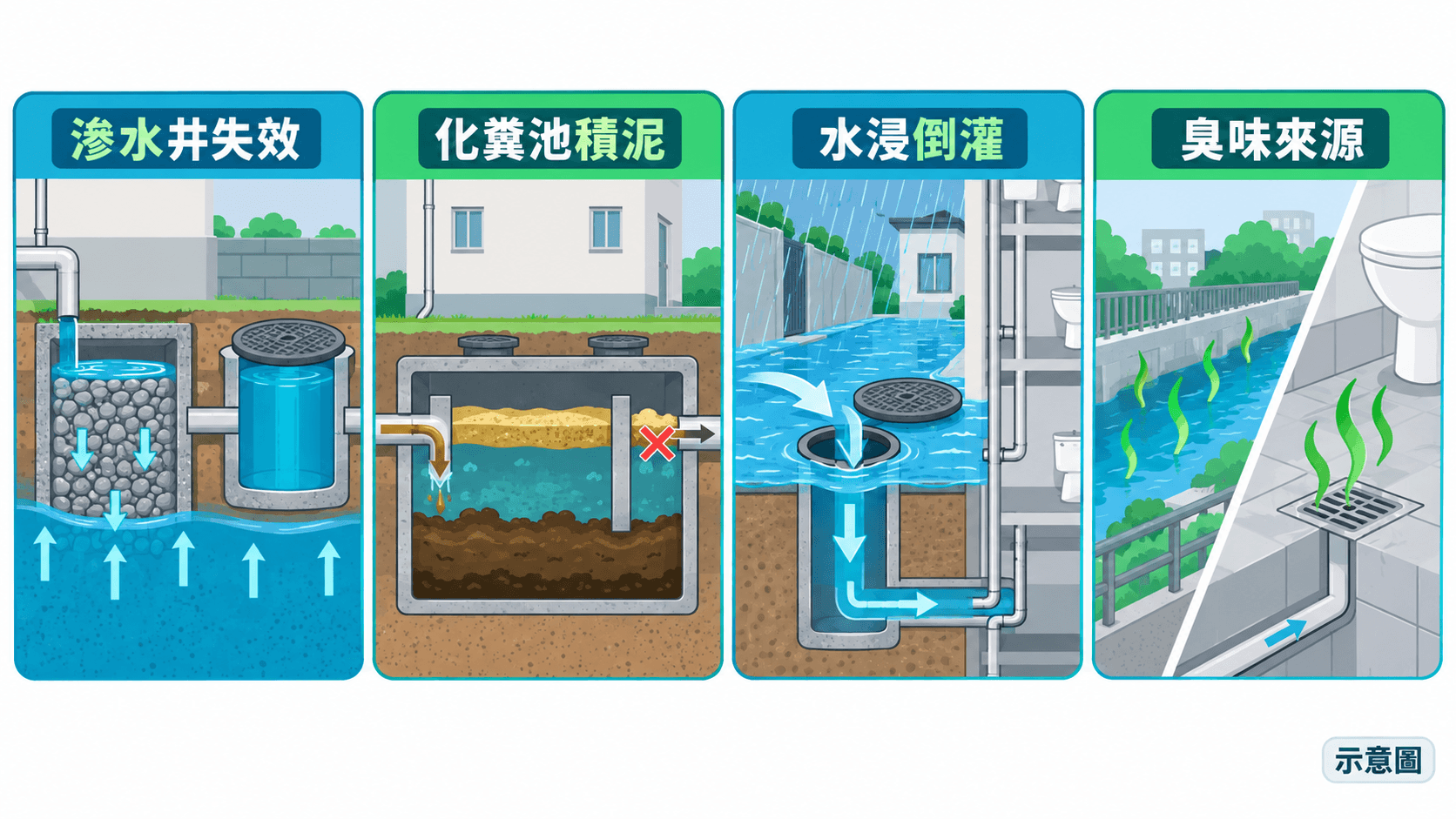 Four-panel illustration of soakaway failure, septic sludge, flood backflow and outdoor odour sources