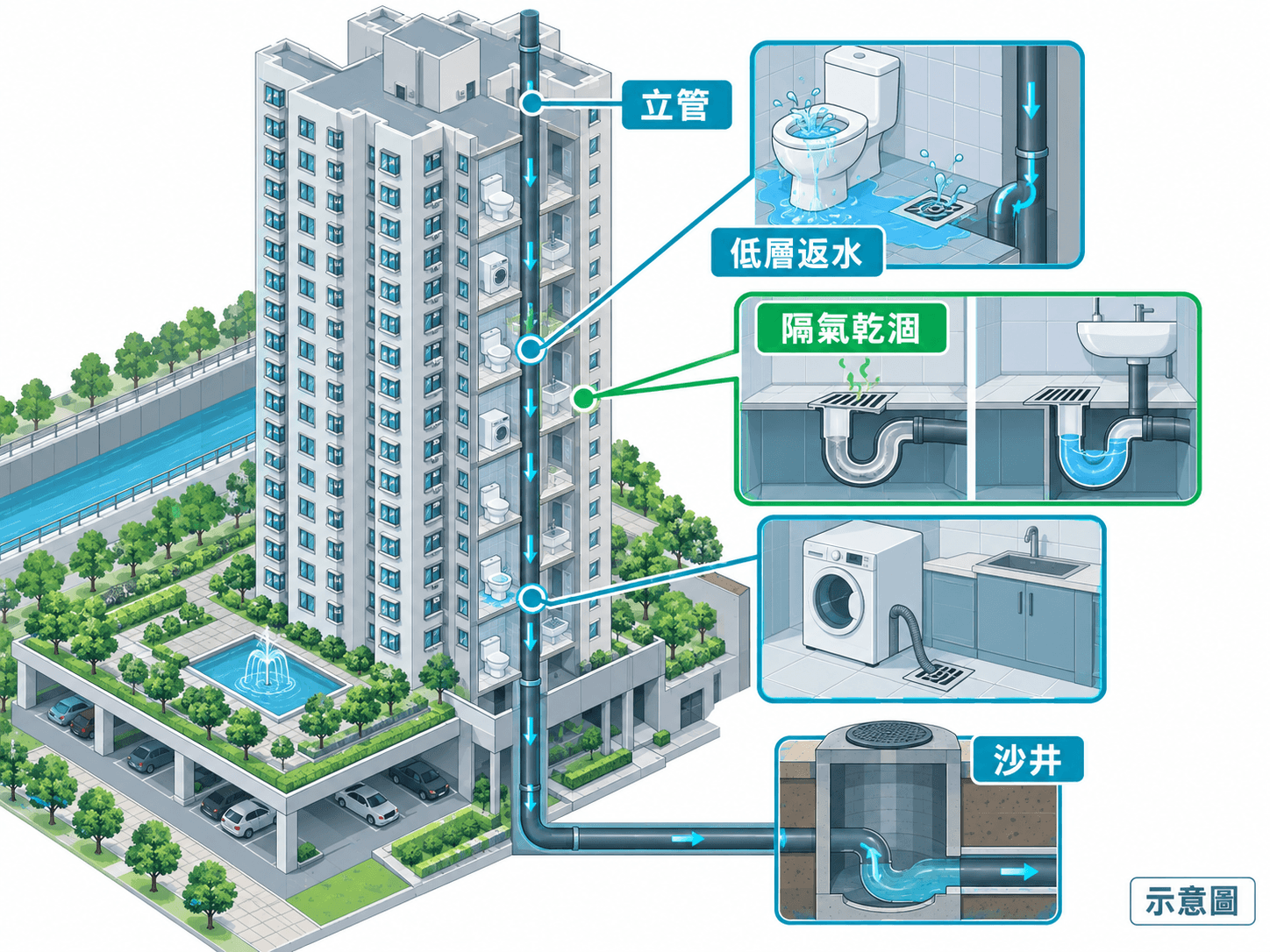 High-rise soil stack cutaway: low-floor backflow and a dry trap in an unused bathroom
