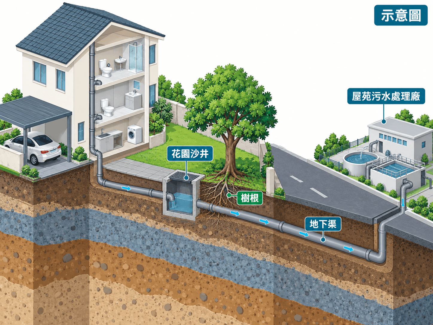 Cutaway of a three-storey garden house draining via a garden manhole to an estate sewage plant
