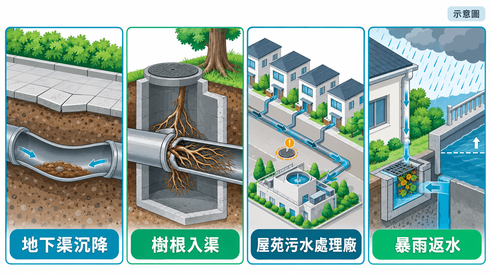 Illustration of settled house drains, tree roots, an estate sewage plant and storm backflow