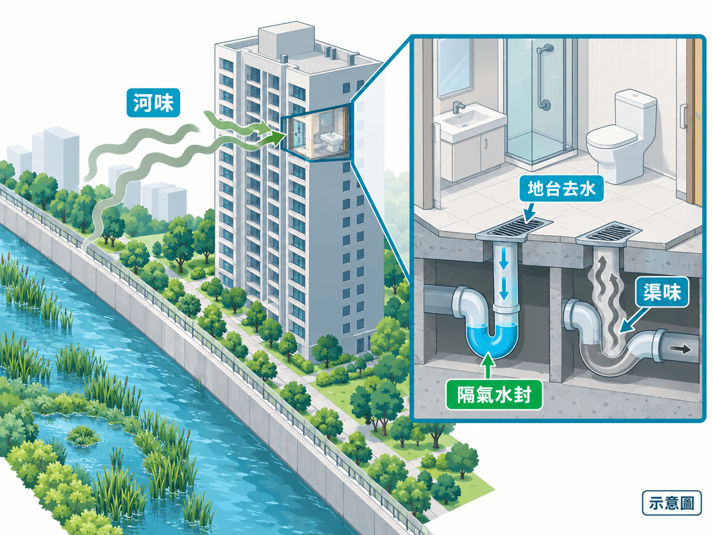Illustration contrasting river odour at a window with drain odour from a floor-drain trap