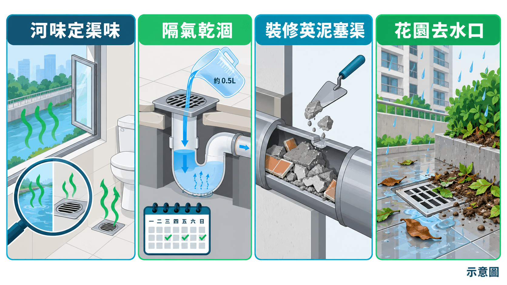 Infographic of four drain issues: river smell, dry traps, renovation cement, garden drains
