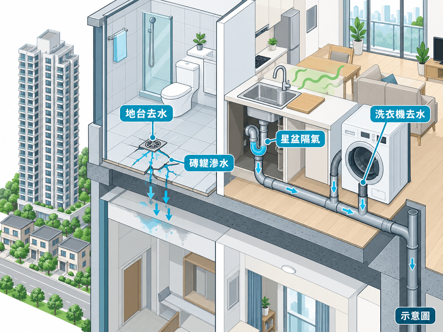 Cutaway illustration of bathroom floor-drain and kitchen-sink drainage in a 2010s flat