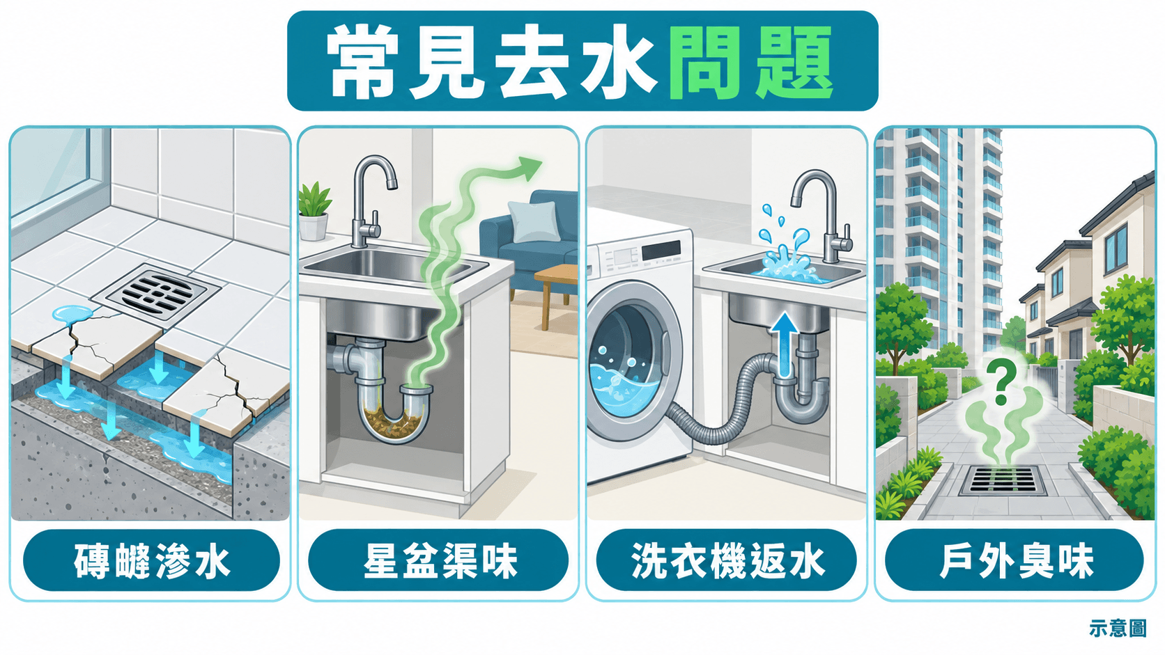Illustration of four issues: floor-tile seepage, sink odour, washer backflow and outdoor smells