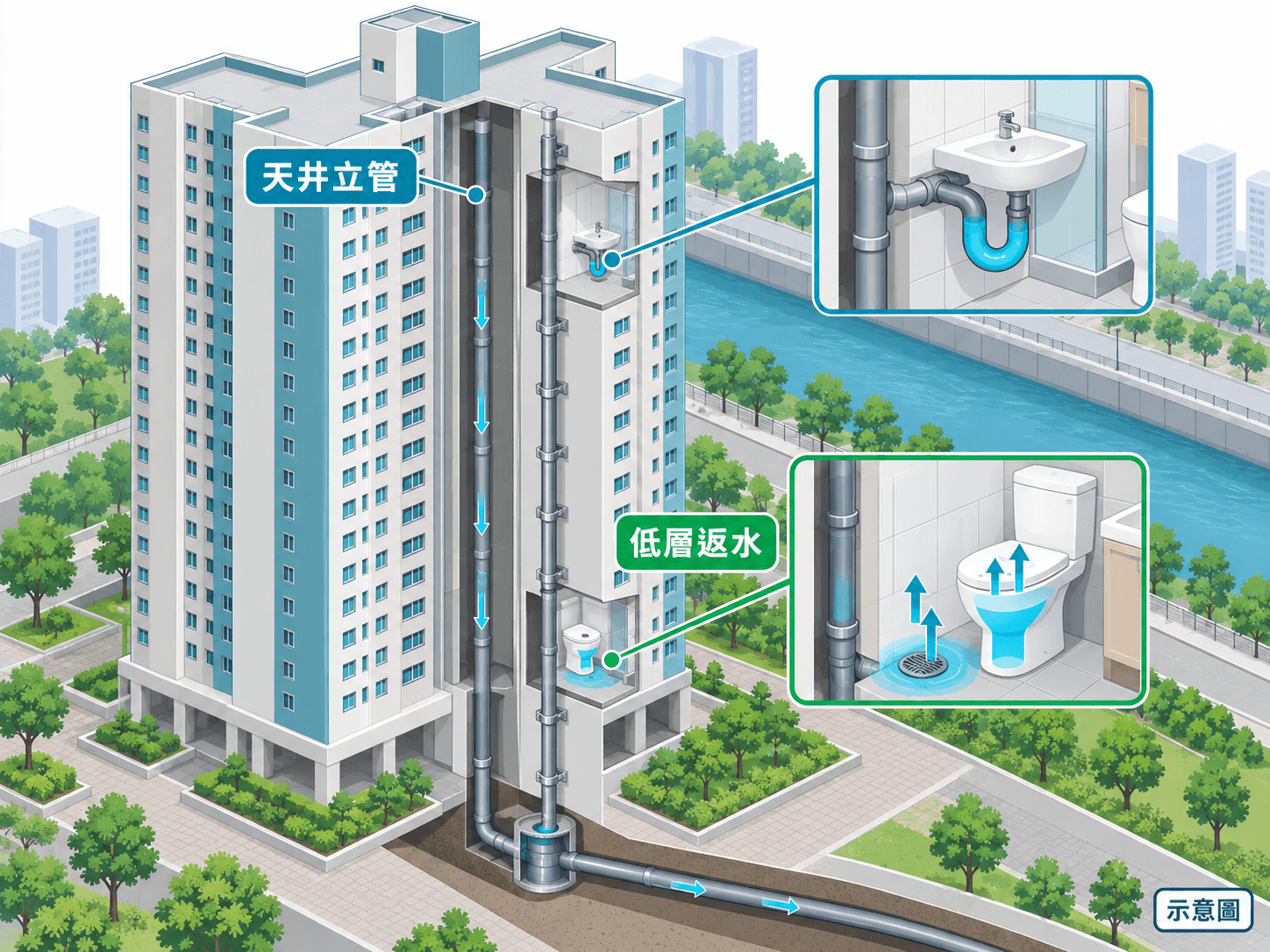 Illustration of light-well and external stacks on a cruciform tower, with low-floor backflow