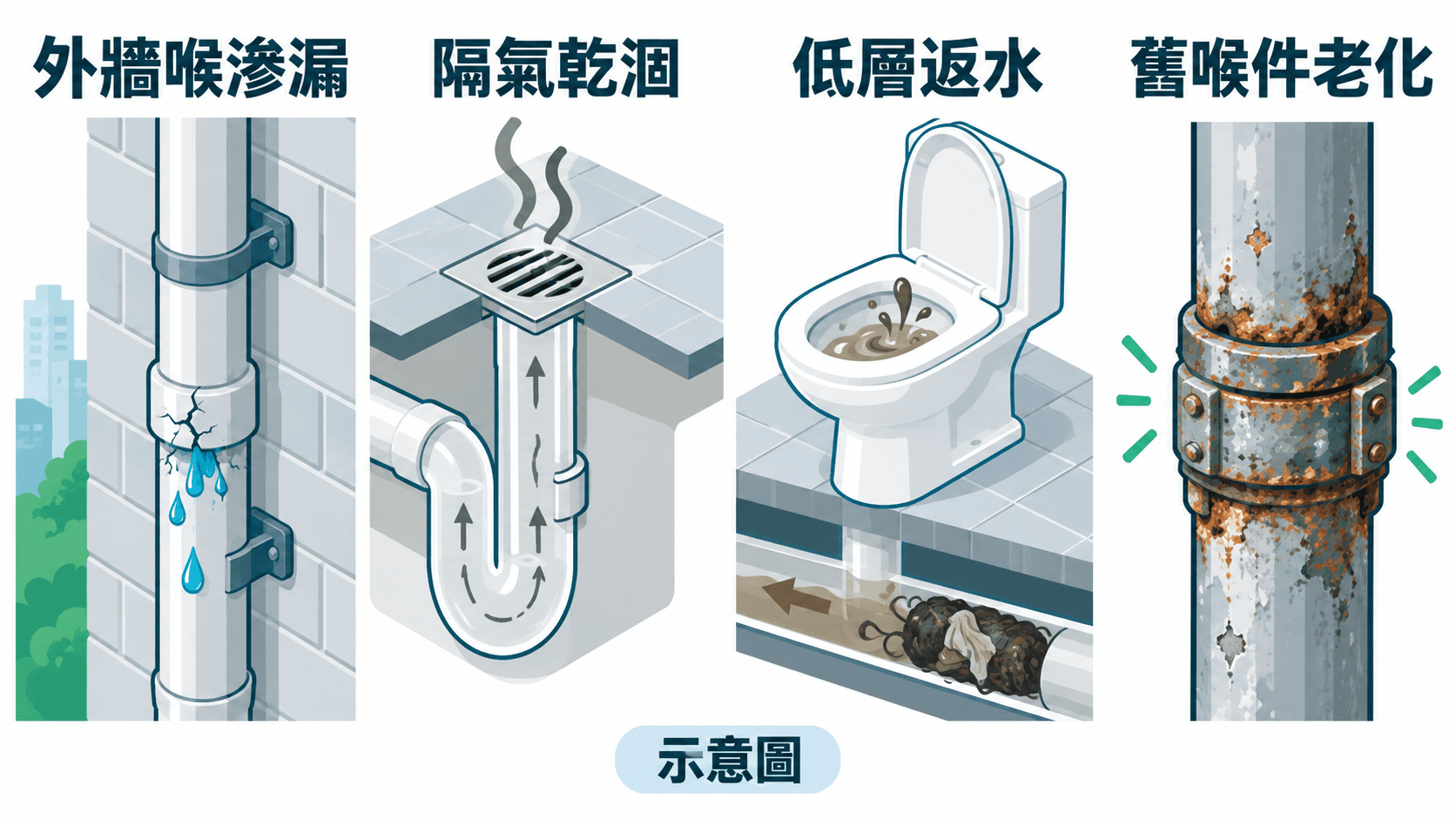 Infographic of HOS drain issues: leaking external pipes, dry traps, low-floor backflow, ageing fittings