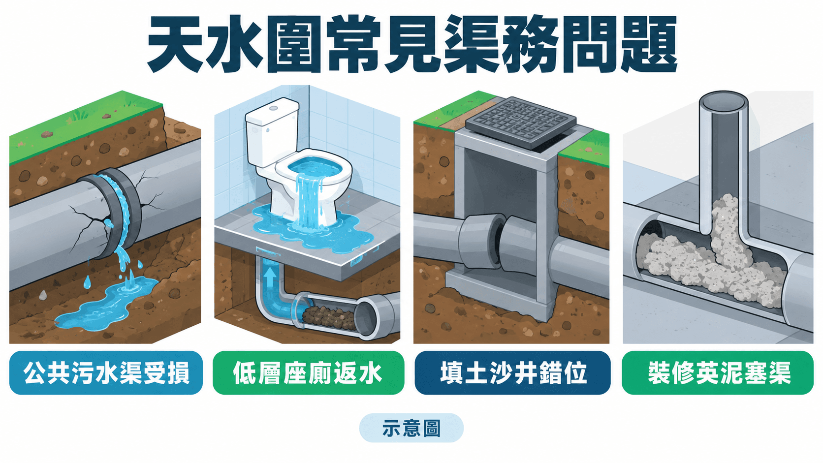 Illustration of four drain problems: public sewer odour, low-floor backflow, shifted manholes, renovation cement