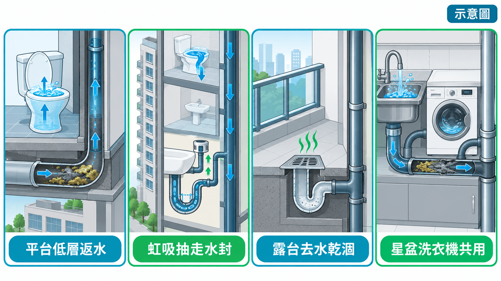 Illustration of podium low-floor backflow, siphonage, a dry balcony drain and a shared kitchen drain