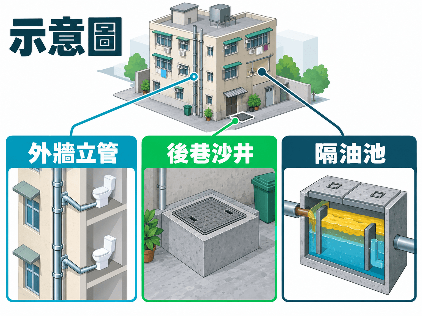 Cutaway illustration of an older block's external stack draining to a rear-lane manhole