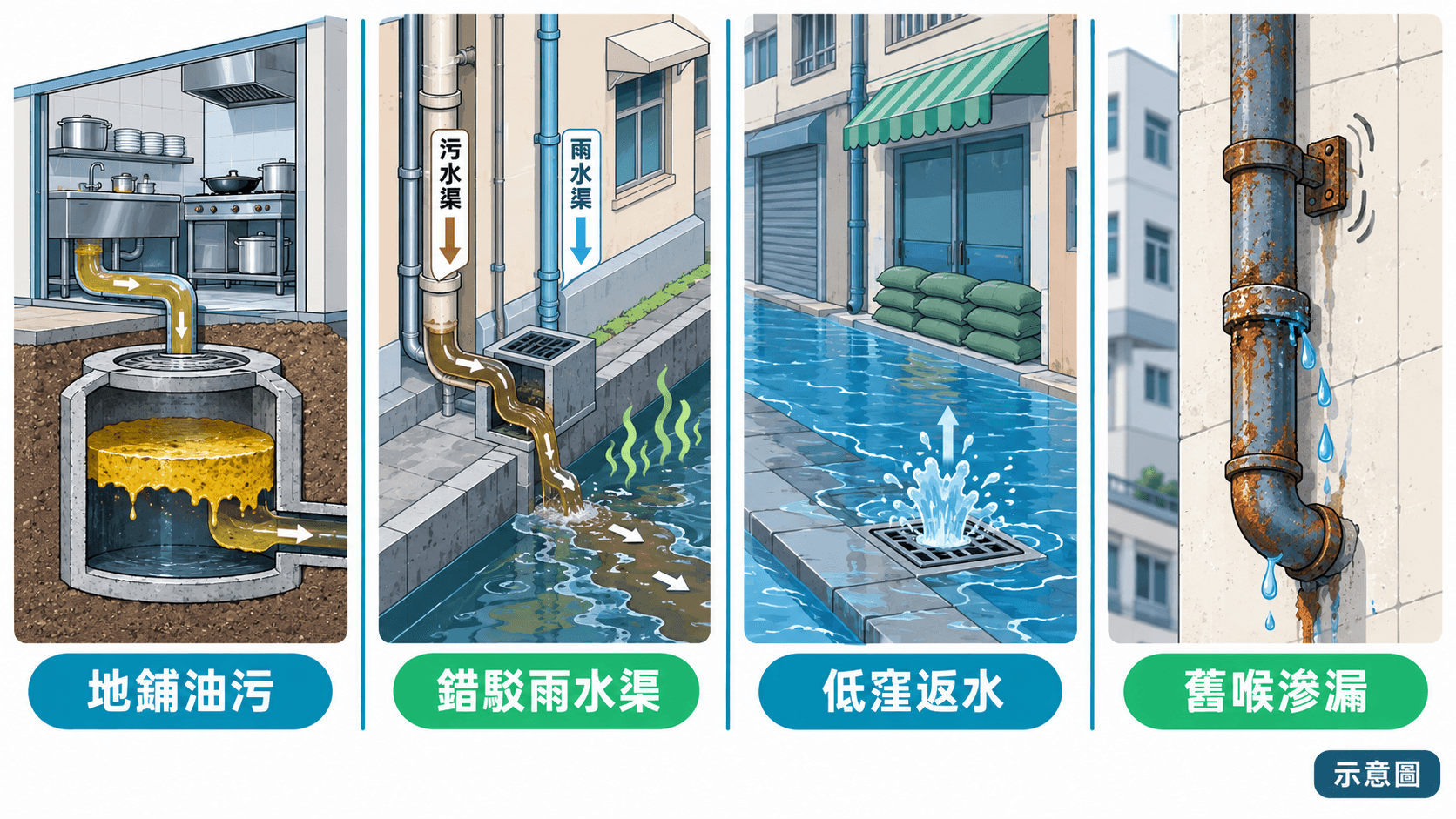 Illustration of shop grease, misconnected drains, low-lying backflow and leaking old pipes