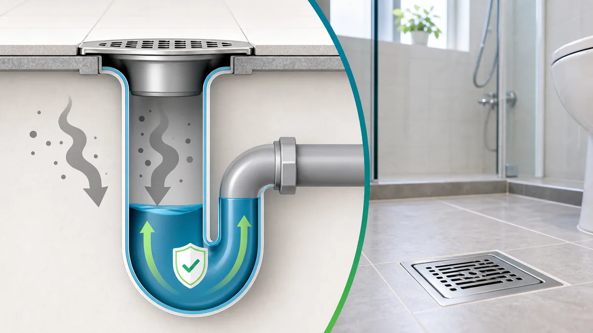 Cross-section illustration of a U-trap water seal blocking drain odour