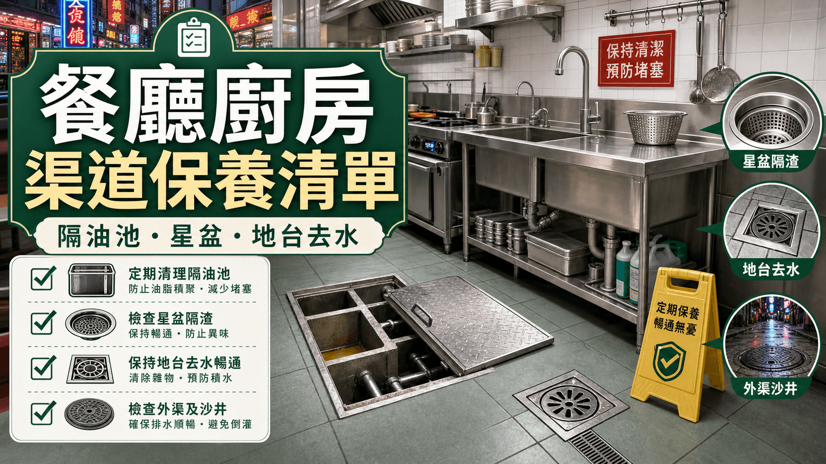 餐廳廚房渠道保養 checklist:隔油池、星盆、地台去水