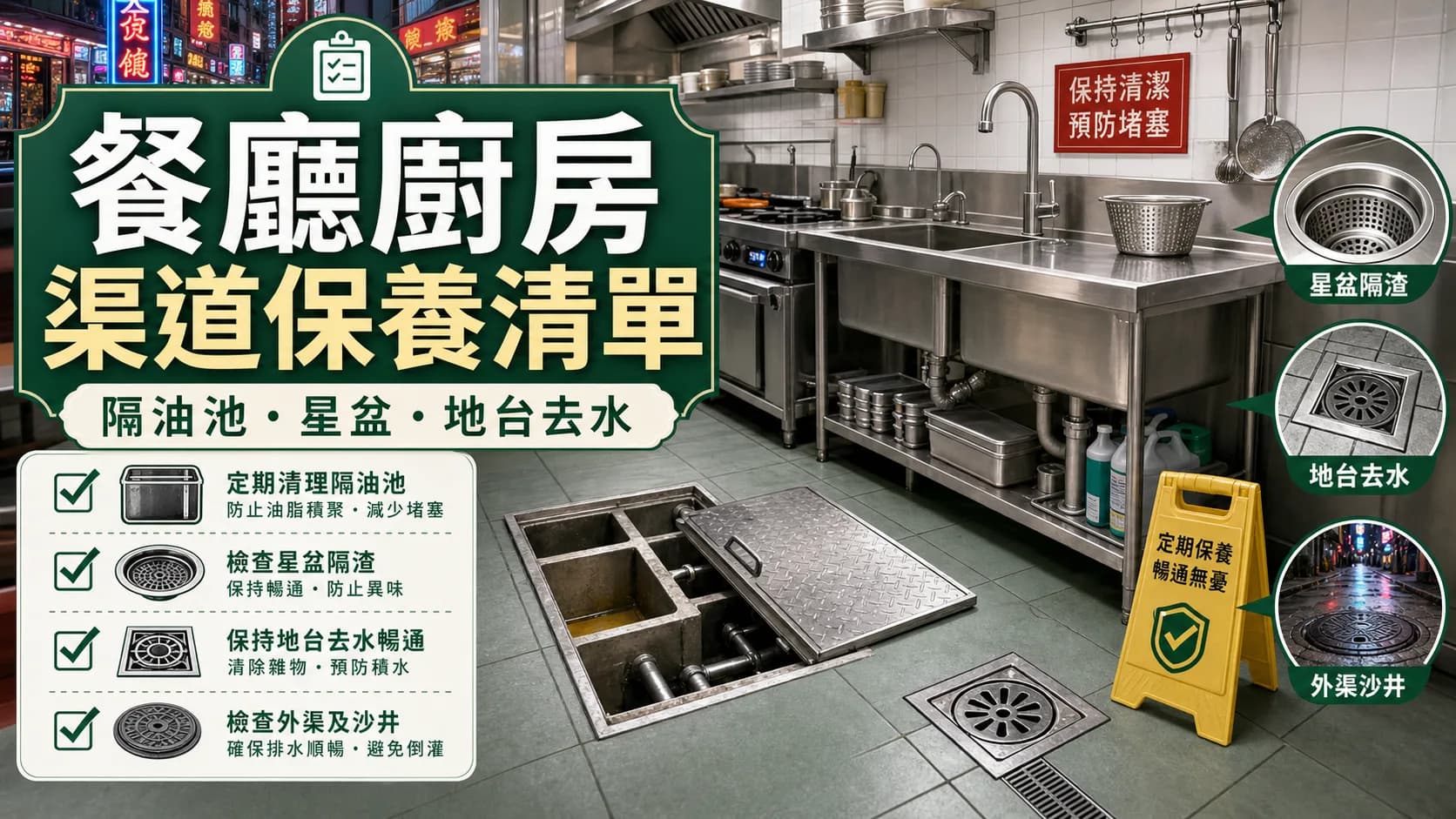 餐廳廚房渠道保養 checklist:隔油池、星盆、地台去水