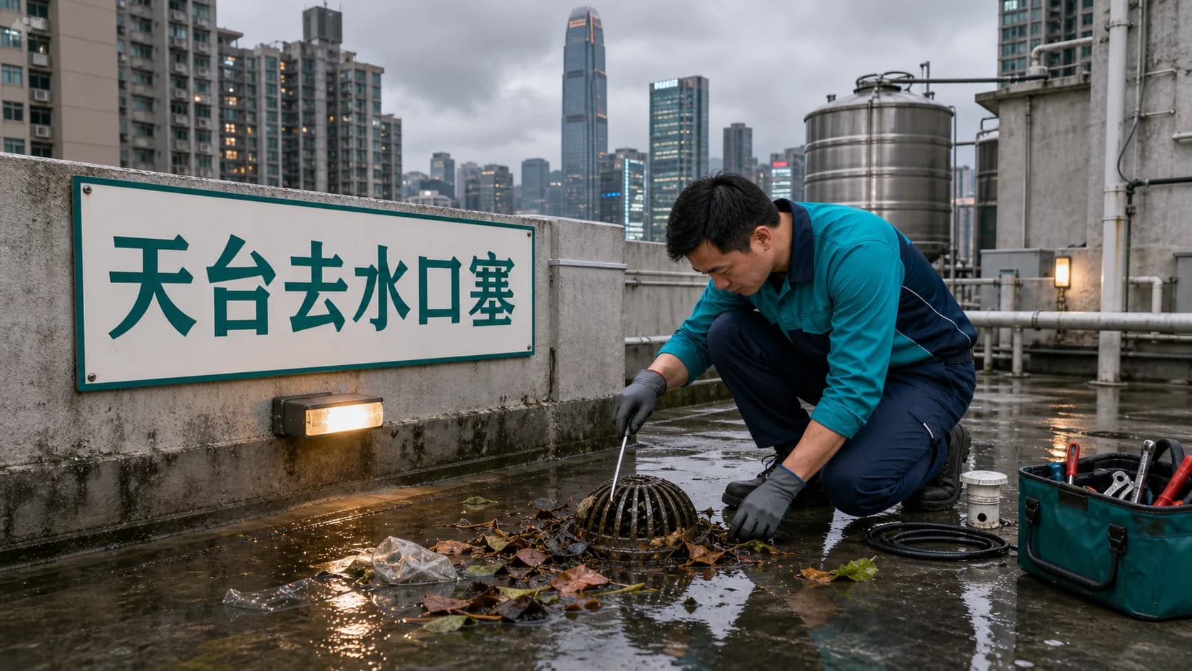天台去水口塞:暴雨前清落葉泥沙防積水滲漏