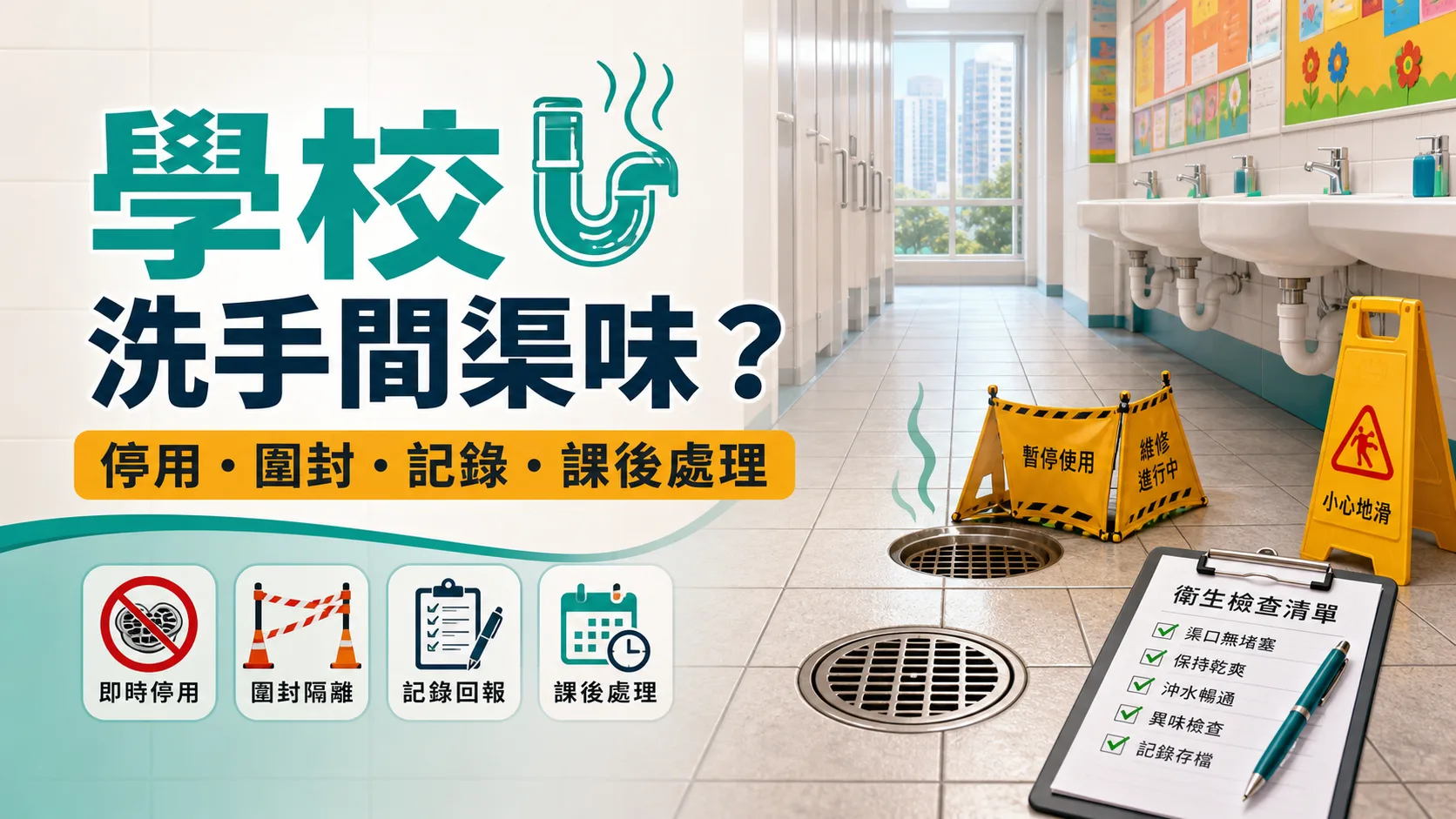 學校幼稚園洗手間渠味/塞渠點處理?校舍去水、消毒同保養