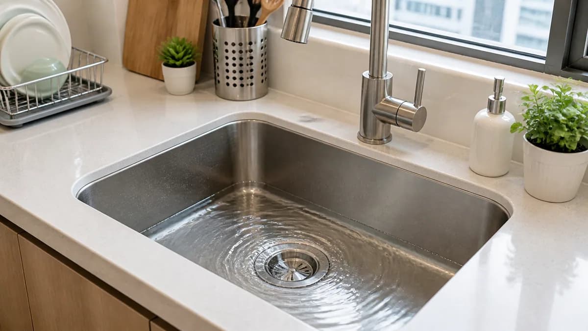 Water draining slowly in a Hong Kong stainless-steel kitchen sink