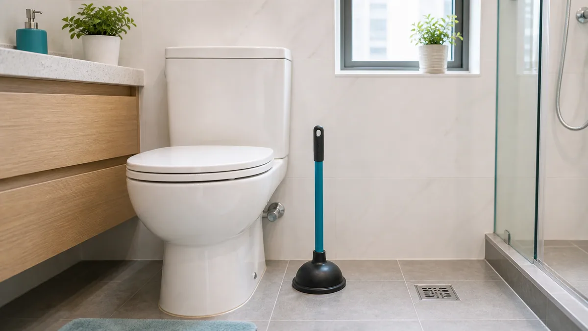 Rubber plunger beside a Hong Kong household toilet for minor blockage self-help
