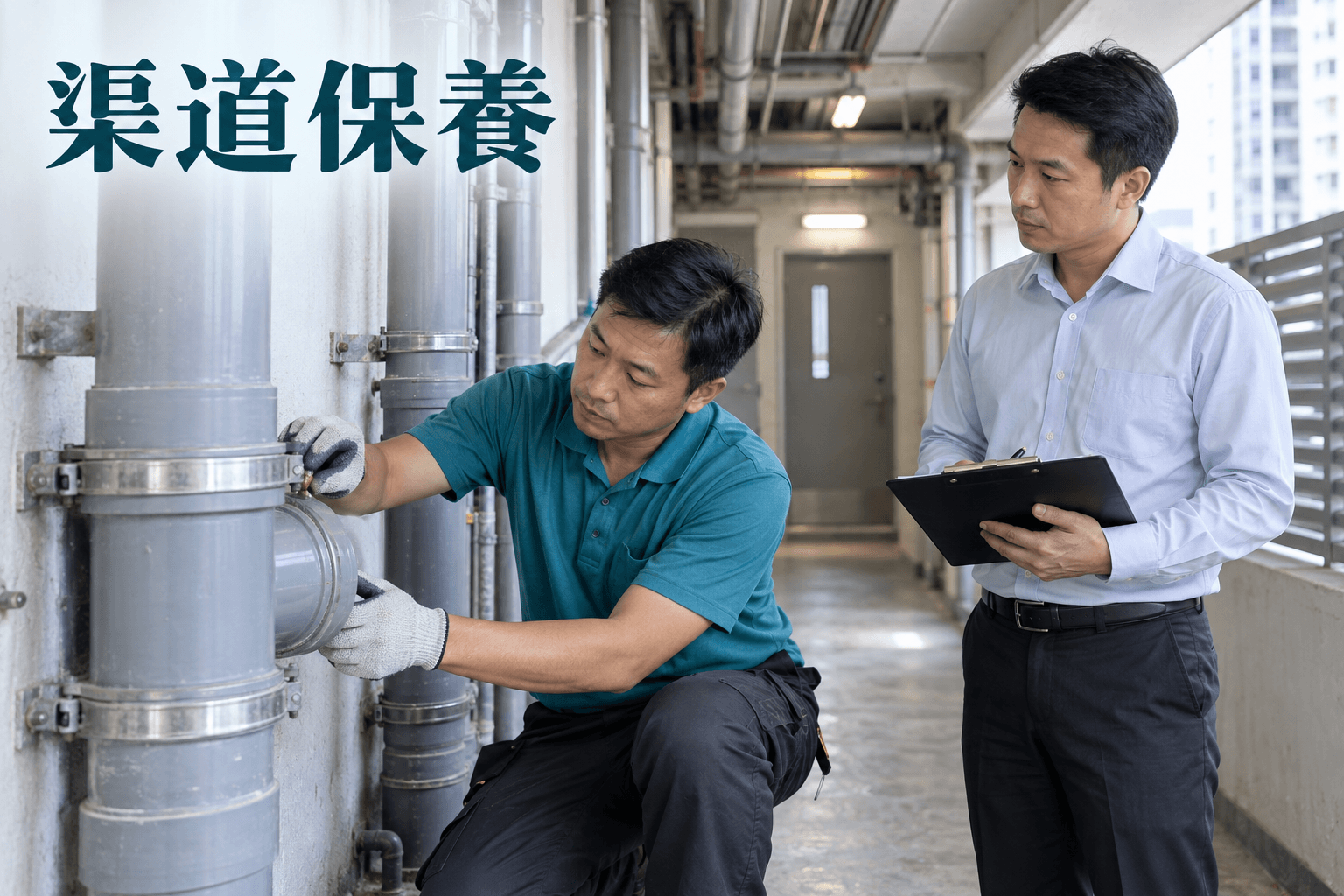 管理人員與技術人員檢查大廈渠道情境