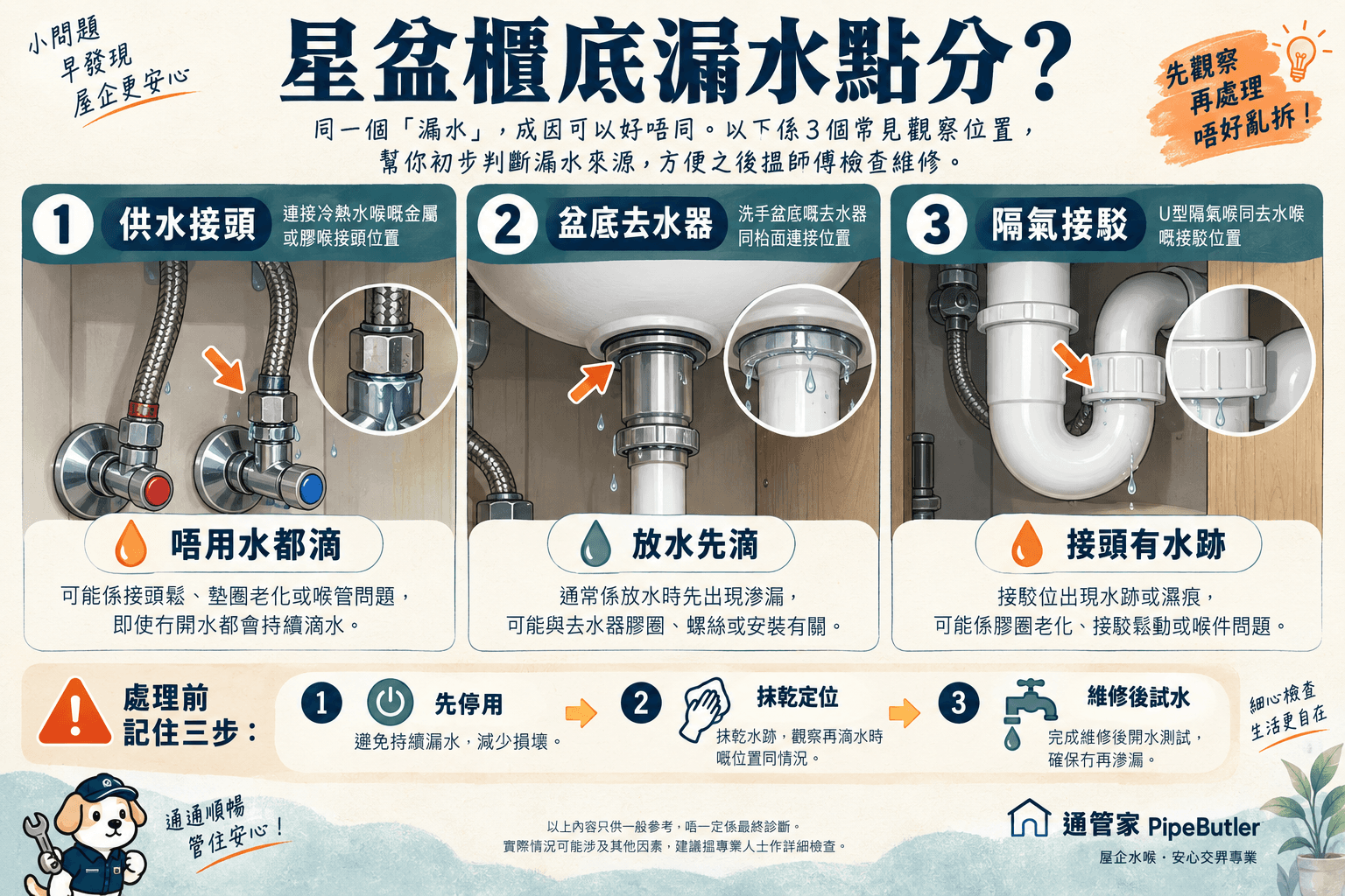 星盆/洗手盆隔氣漏水點算?櫃底滴水定位、維修與試水清單