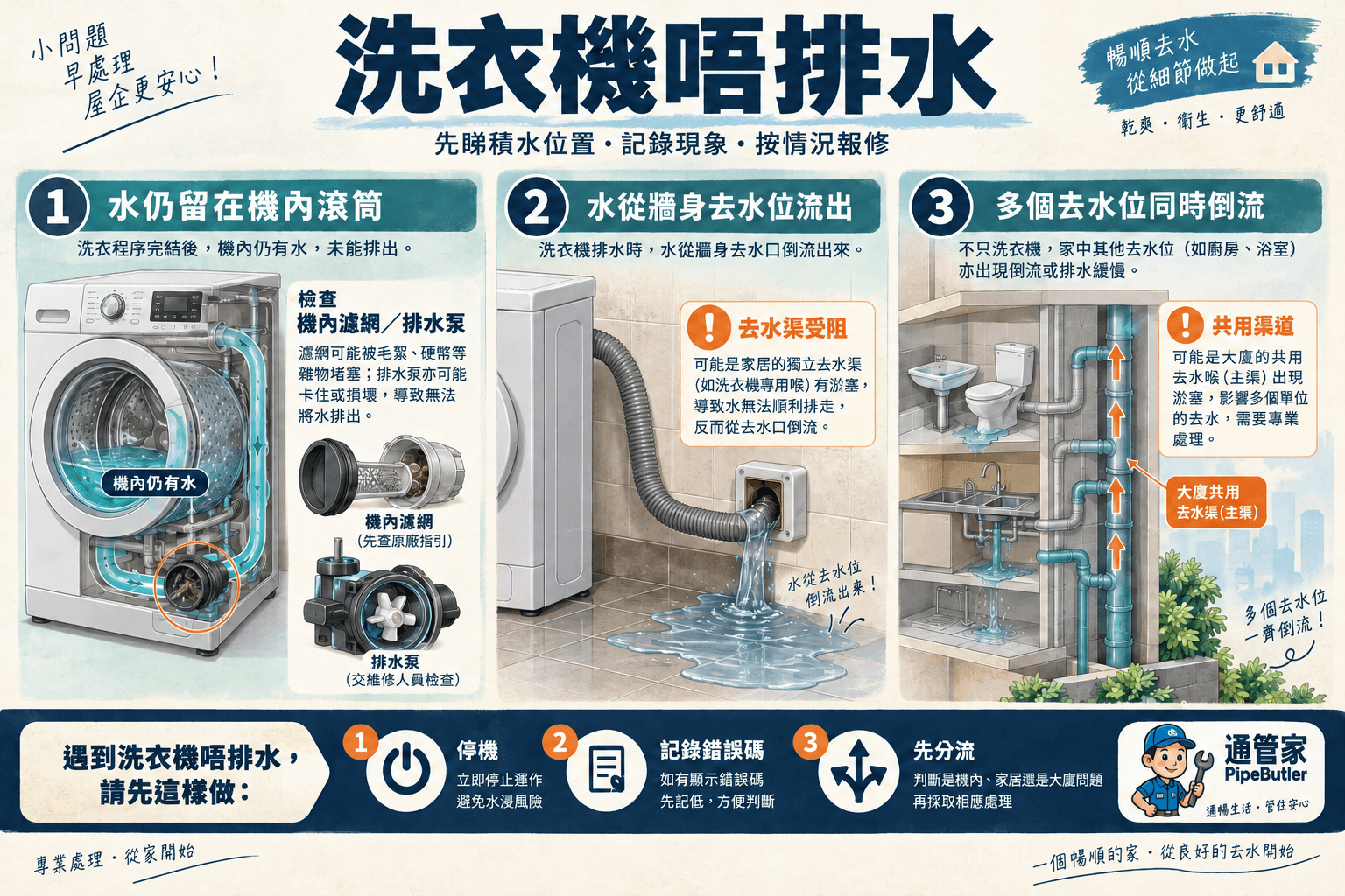 洗衣機唔排水、桶內積水點算?濾網、排水泵與塞渠分流指南