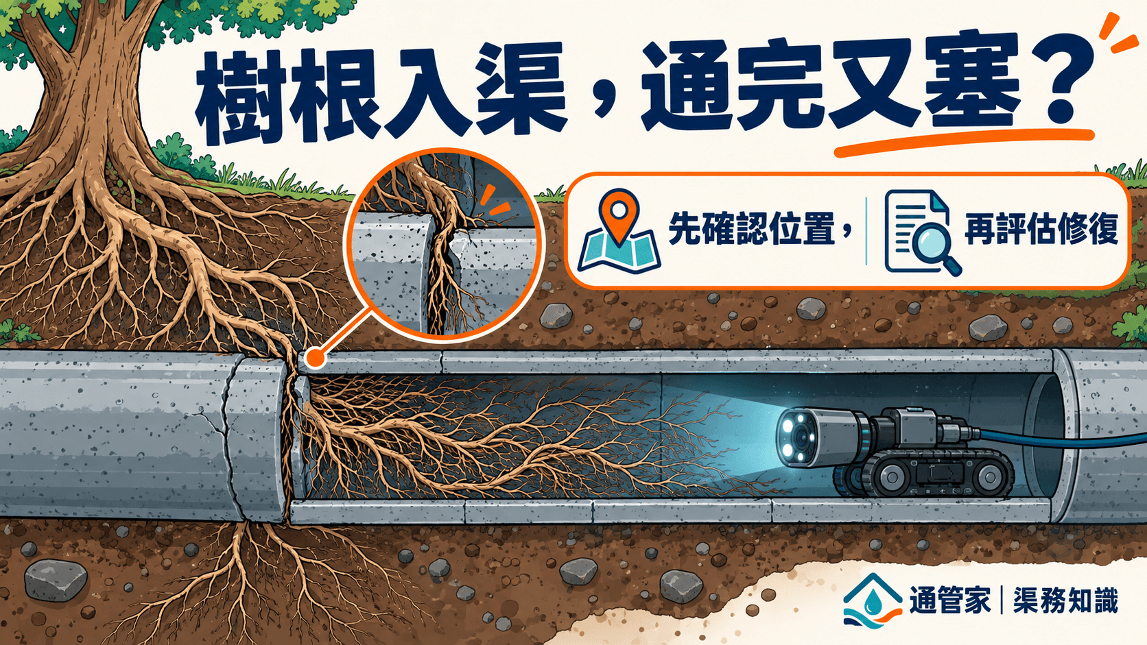 樹根入渠點發現?室外去水渠反覆淤塞的檢查與處理選項
