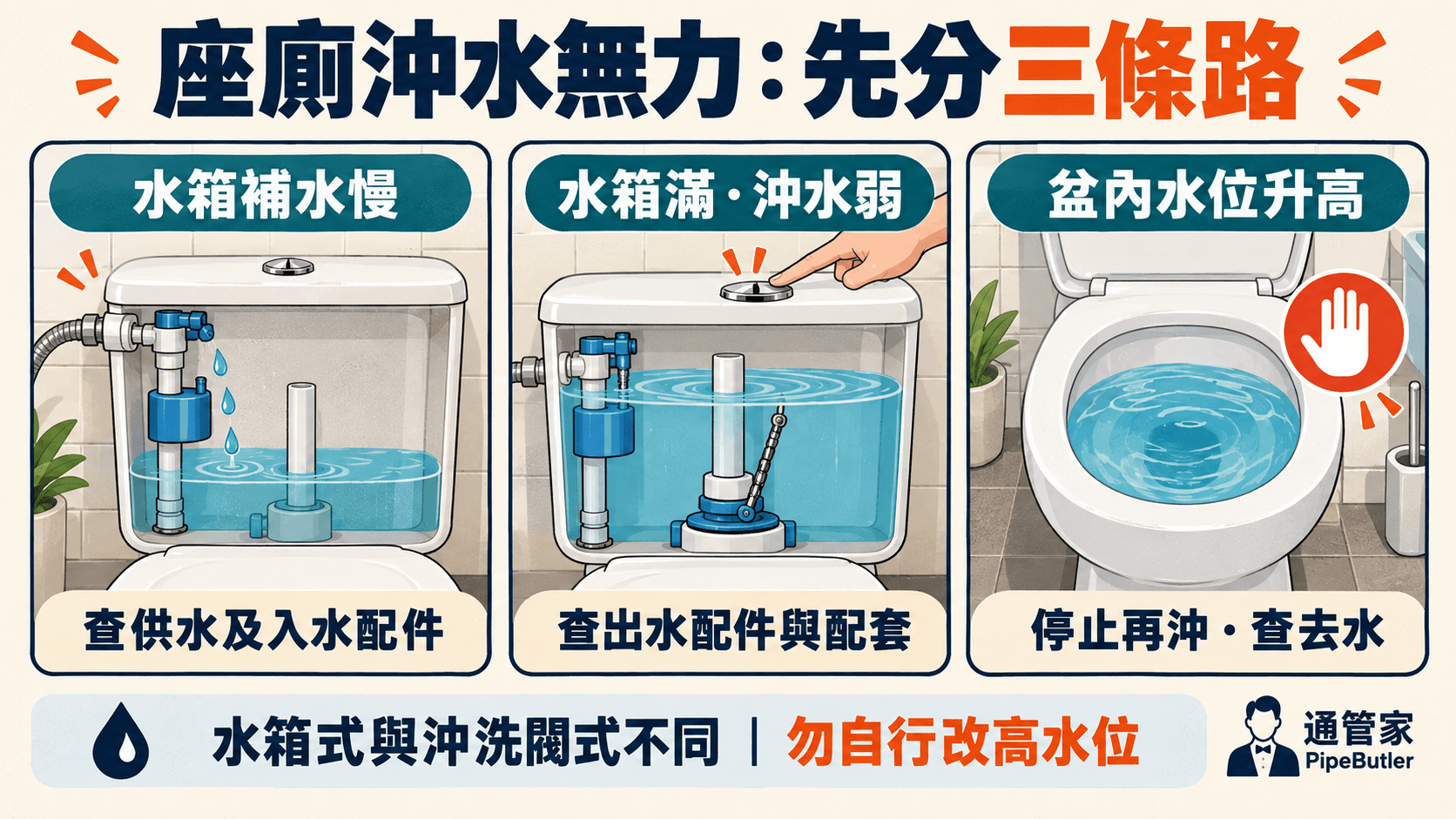 座廁沖水無力但冇塞?水箱補水慢、出水弱與去水受阻點分