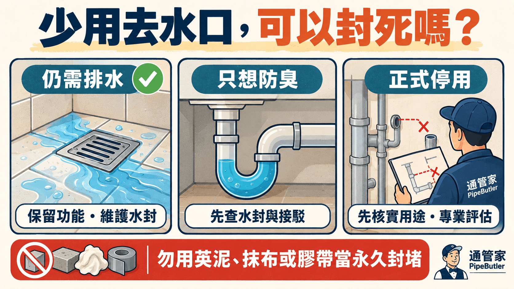 少用地台去水口可以封死嗎?防臭蓋、暫停使用與永久停用