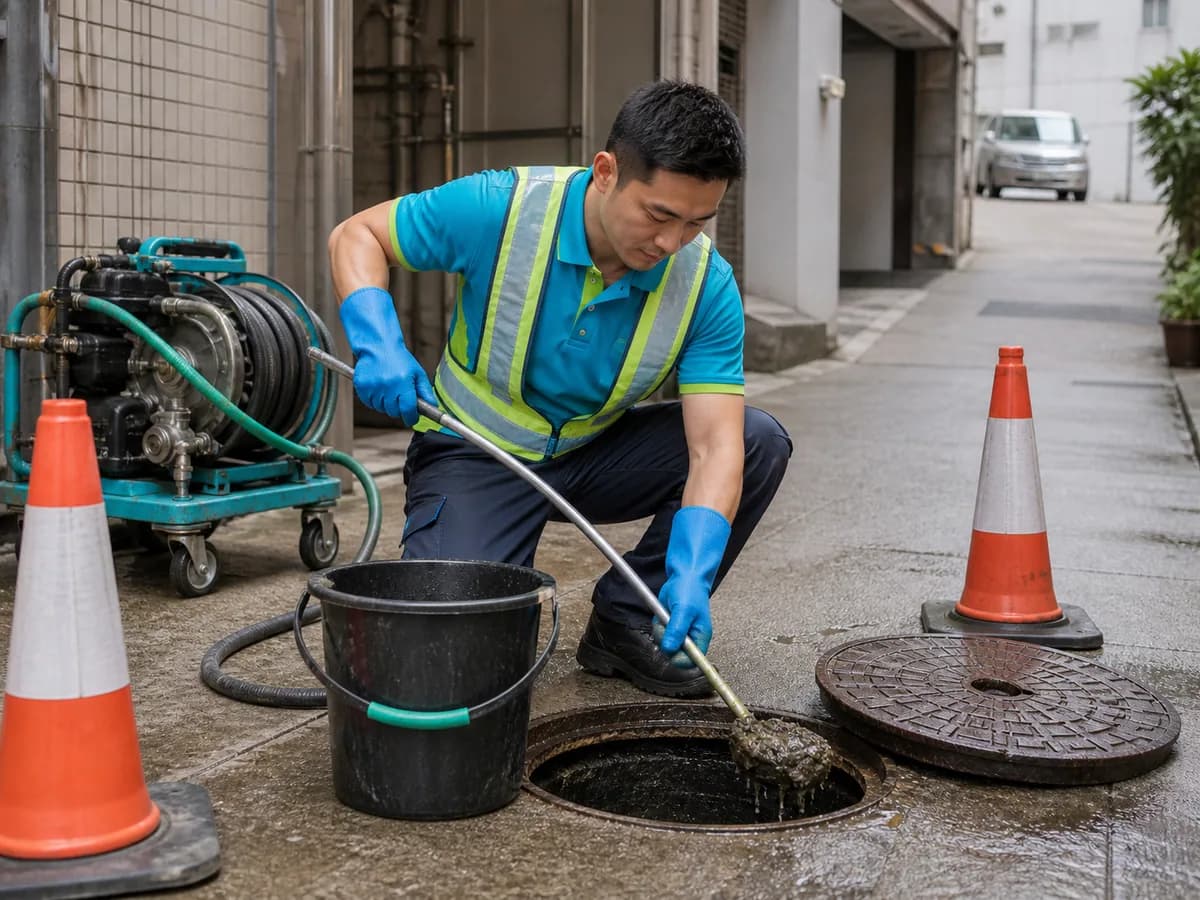 Design illustration of manhole desilting in a Hong Kong back alley