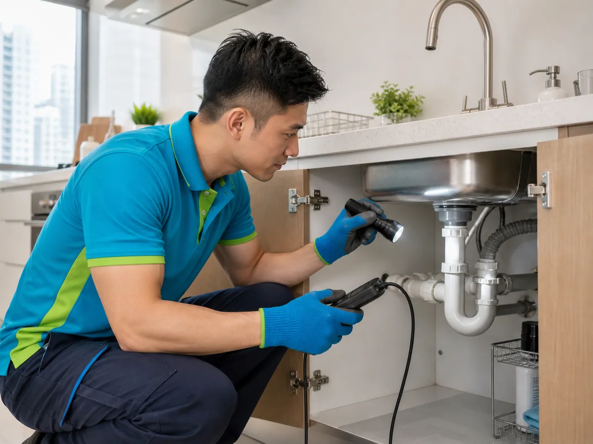 Design illustration of a U-trap inspection below a Hong Kong kitchen sink