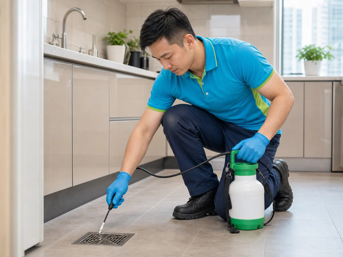 Design illustration of a pest inspection at a Hong Kong kitchen floor drain