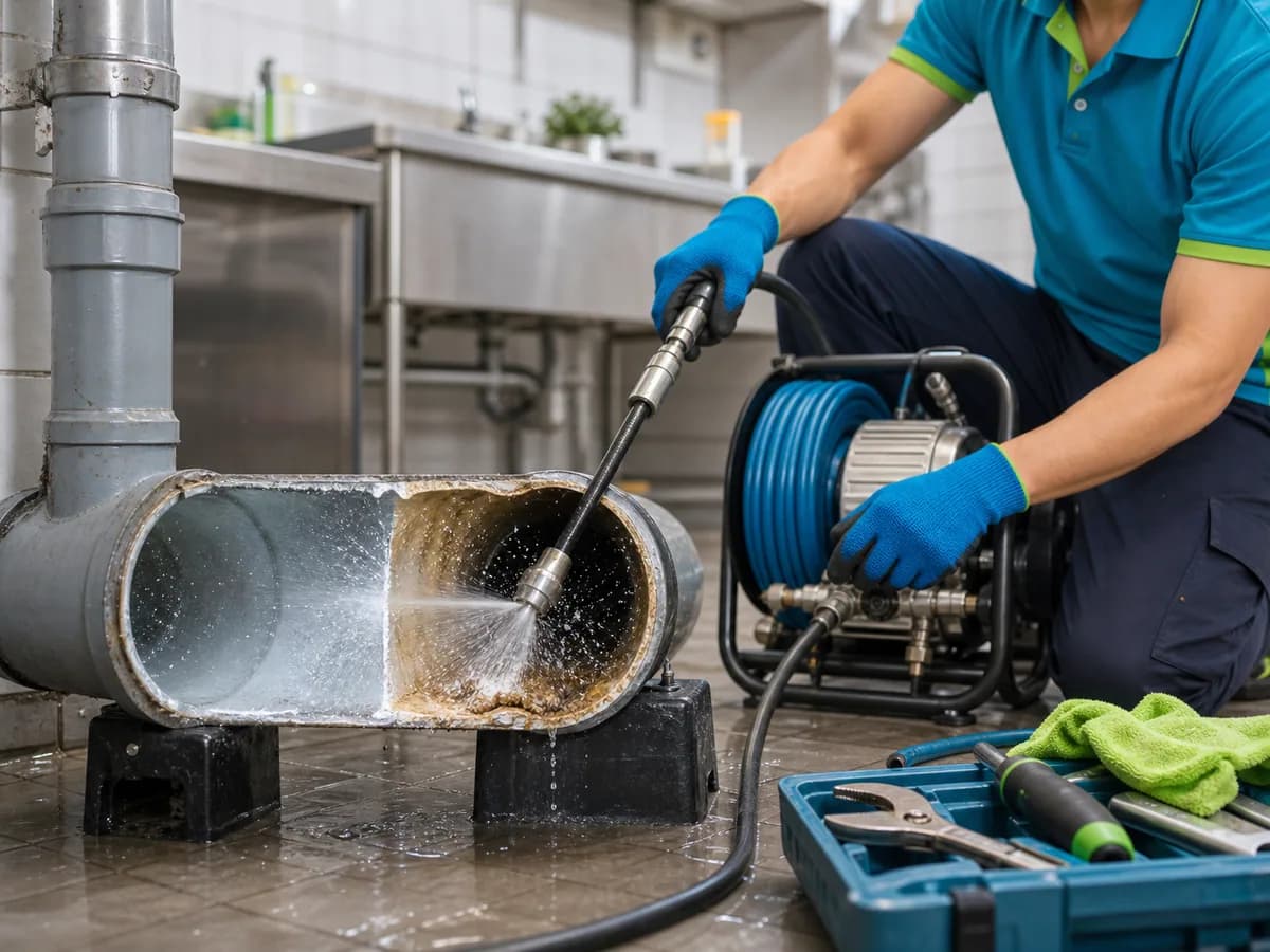 Design illustration of a hydro-jet hose cleaning an accessible drainpipe interior