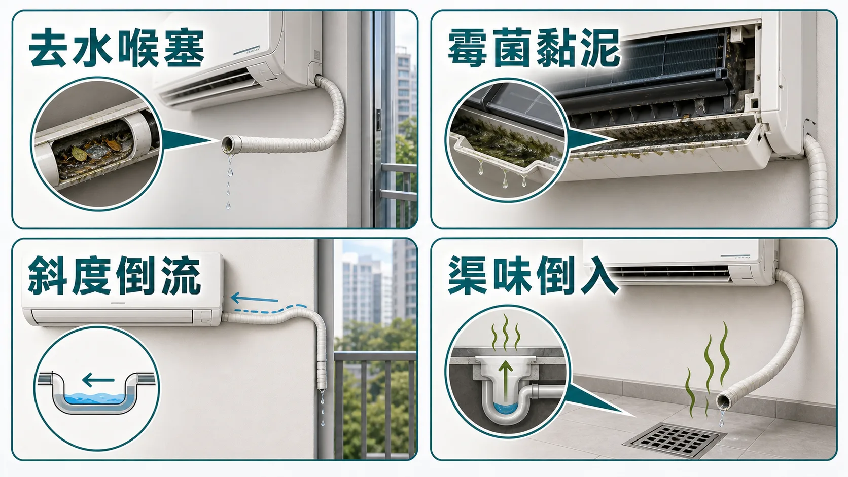 冷氣去水喉塞和臭味的四個常見原因：去水喉塞、霉菌黏泥、斜度倒流、渠味倒入