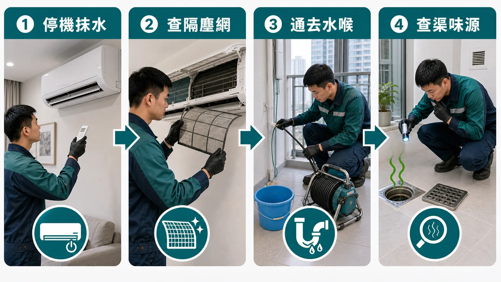 冷氣滴水和臭味初步檢查流程：停機抹水、查隔塵網、通去水喉、查渠味源